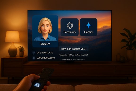 Dim living room; TV displays an AI Copilot interface with Perplexity and Gemini.