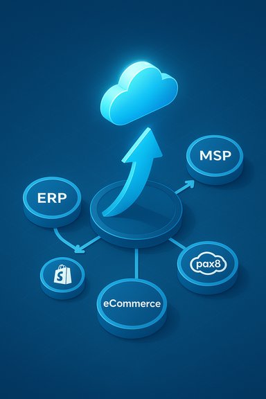 Cloud-based integration hub linking ERP, MSP, eCommerce, Shopify and Pax8.