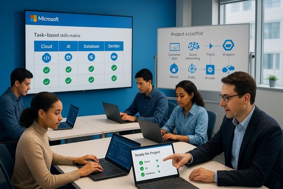 Team of professionals in a meeting, reviewing Microsoft project slides on a wall screen.
