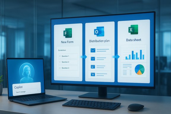 Desk setup with Copilot AI on a laptop and a monitor showing a form-to-distribution-to-data sheet workflow.