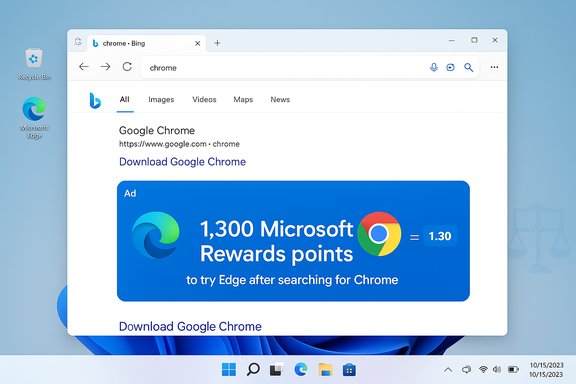 Windows 11 desktop showing Bing search results for 'chrome' in Edge, including a Google Chrome download and a Rewards ad. Windows 11 desktop showing Bing search results for 'chrome' in Edge, including a Google Chrome download and a Rewards ad.