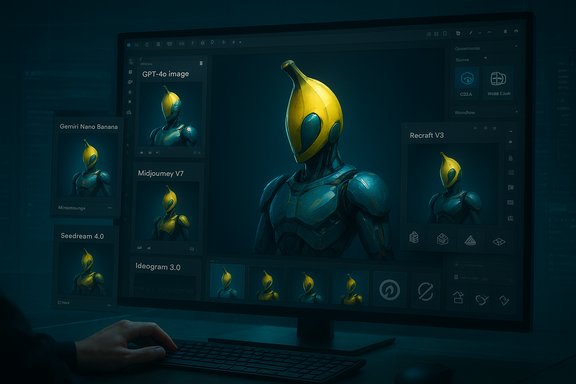 Large monitor shows a 3D character design of a yellow-helmeted blue armored figure.