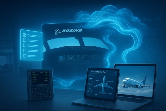 Futuristic Boeing design studio with neon blue screens and airplane models on laptops.
