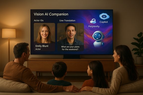 A family watches a large TV display of Vision AI Companion with Actor IDs and Live Translation.