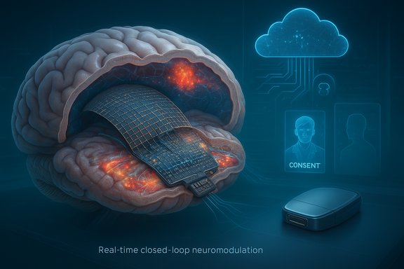 Brain with a neural implant and cloud-connected device enabling real-time closed-loop neuromodulation.