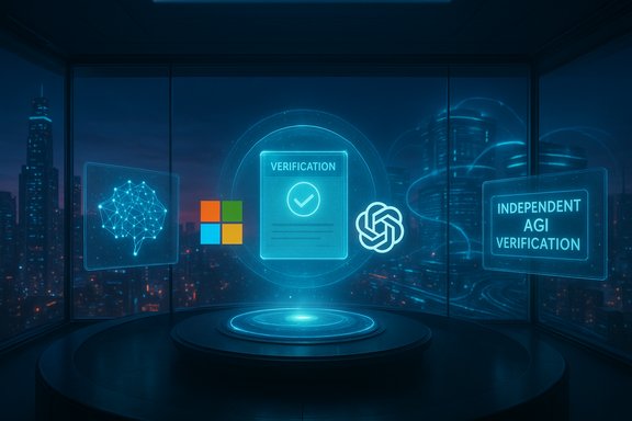 Futuristic holographic verification hub displaying AI icons and Independent AGI Verification.