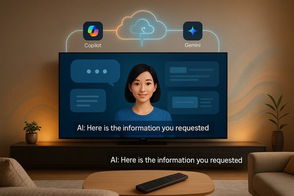 Smart TV shows an AI assistant delivering the requested information, with Copilot and Gemini icons connected via cloud.