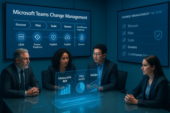 A four-person team discusses Microsoft Teams change management with a holographic data dashboard.