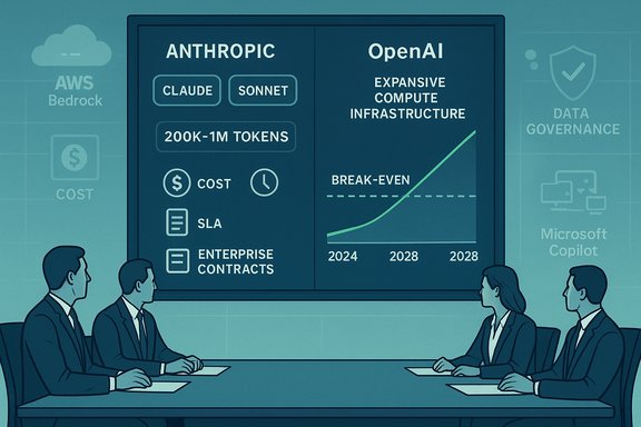 Executives compare Anthropic and OpenAI AI infrastructure, costs, and break-even chart.