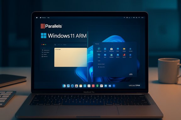 MacBook Pro displaying Windows 11 ARM running in Parallels.
