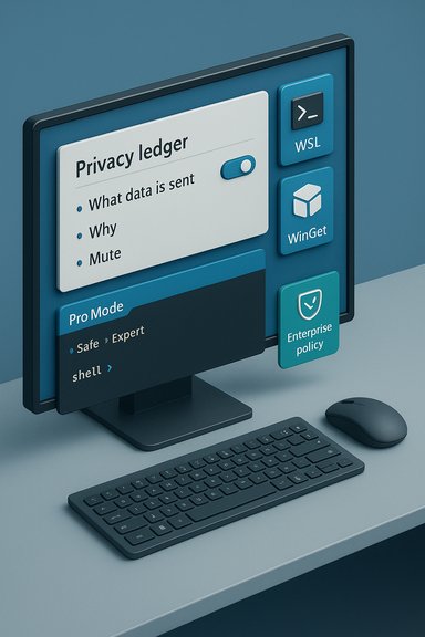 Computer monitor displays a 'Privacy ledger' interface with WSL, WinGet, and policy tiles.