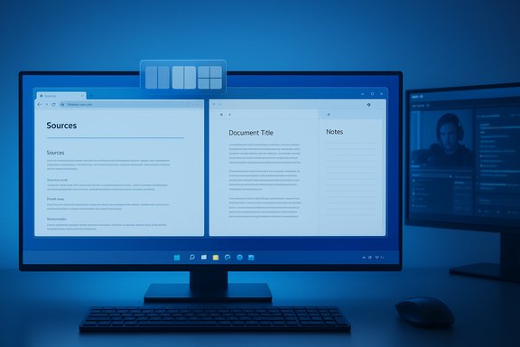 Blue-tinted desk setup with a split-screen document on a large monitor and a video-call screen in the background.