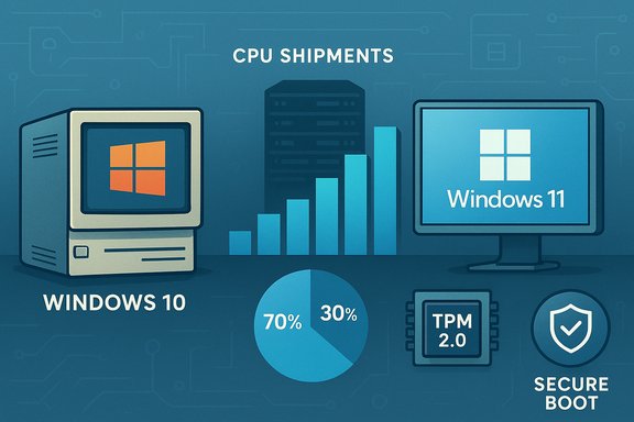 CPU shipments show Windows 10 vs Windows 11 PCs with a 70/30 split, TPM 2.0 and Secure Boot.