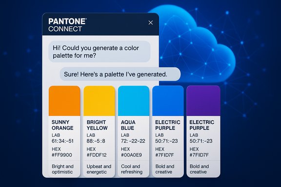 Pantone Connect UI showing five swatches: Sunny Orange, Bright Yellow, Aqua Blue, Electric Purple, Electric Purple.