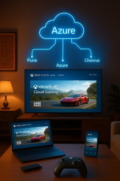 Neon Azure cloud sign above a living room setup for cross-device Xbox Cloud Gaming.