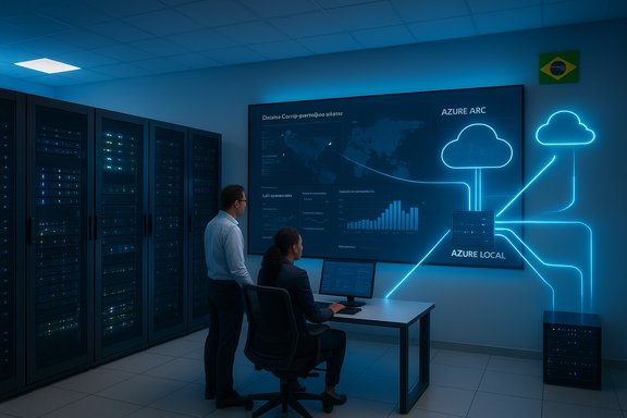 Two IT professionals monitor Azure dashboards on a large screen in a server room with racks.