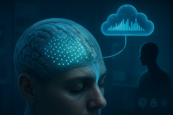 Neural implant grid on the head connected to a cloud data visualization.