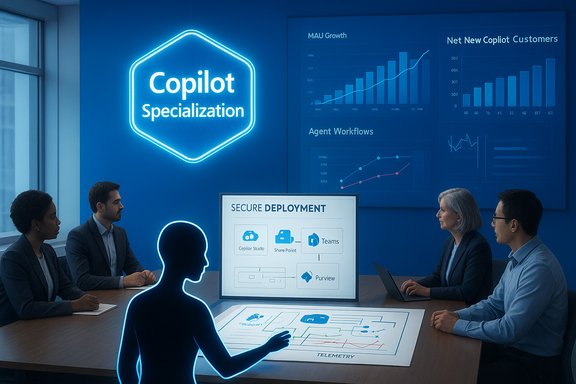 Blue-lit boardroom with a neon Copilot sign as a holographic presenter outlines secure deployment.