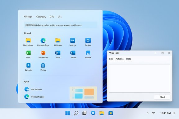 Windows 11 desktop showing a large rounded Apps panel with pinned icons and a floating ViVeTool window.