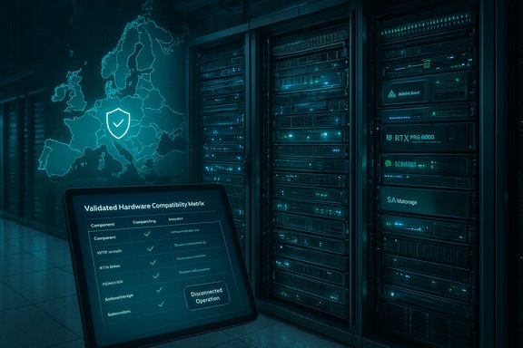 Blue-toned data center with server racks and a tablet displaying validated hardware compatibility metrics.