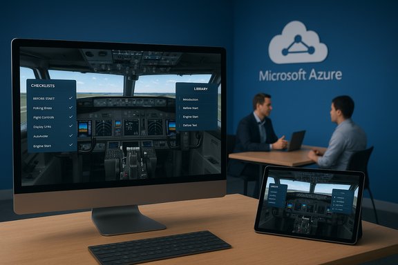 Microsoft Azure training room with a cockpit UI displayed on monitor and tablet.