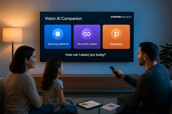 A family watches Samsung Vision AI Companion on a wall TV, exploring AI assistants.