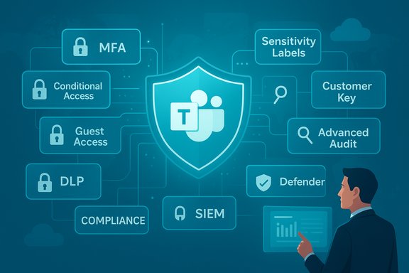 A blue security infographic featuring a shield with the Teams logo, surrounded by policy boxes like MFA and Defender.