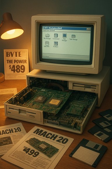 Vintage desktop computer with its case open, exposing the motherboard, beside floppy disks and retro ads.