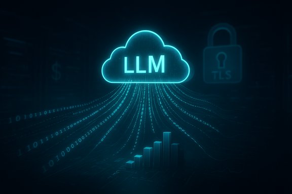 Neon cloud labeled LLM emits data streams toward a rising bar chart, with a TLS lock in the background.