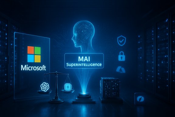 A futuristic blue holographic AI lab featuring Microsoft branding, a glowing brain silhouette, scales, and server racks.