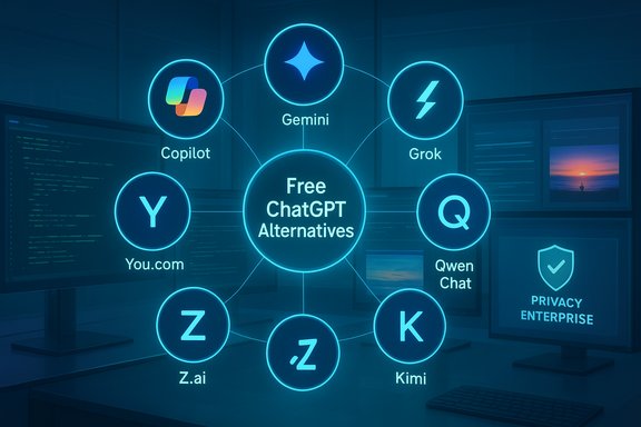 Neon hub showing Free ChatGPT Alternatives with Copilot, Gemini, Grok, You.com, Qwen Chat, Z.ai, Kimi.