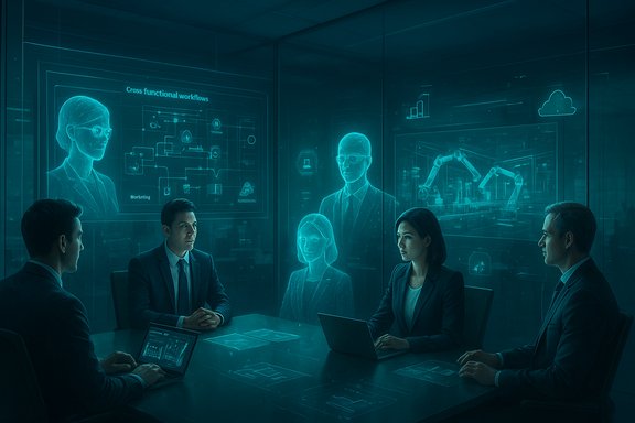 Five professionals in a high-tech glass-walled meeting room with holographic displays.