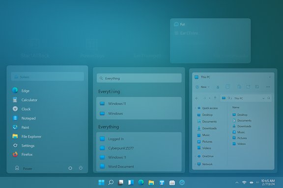 Blue glassy Windows-like desktop with three translucent panels: Start, Everything, and This PC.