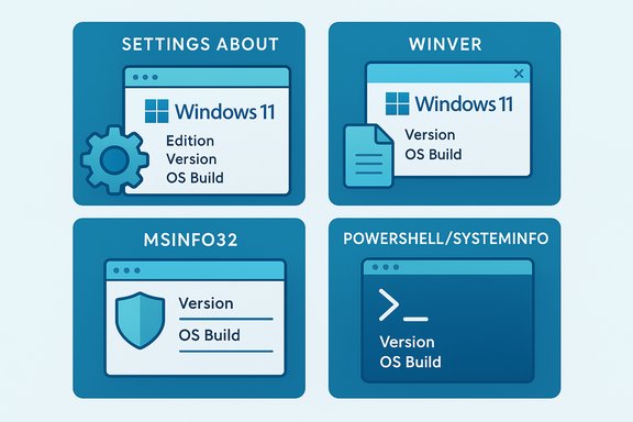 Four Windows 11 information tiles showing Settings About, Winver, MSINFO32, and PowerShell/SystemInfo.