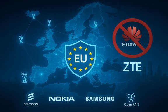 EU shield over Europe blocks Huawei and ZTE, with Nokia, Samsung, and Ericsson logos nearby.
