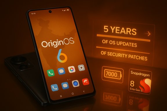 Smartphone shows OriginOS 6 with an orange UI and 5 years of OS updates and security patches.
