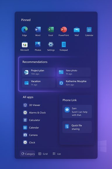 A neon-purple Windows-like dashboard with pinned apps and a Recommendations panel.