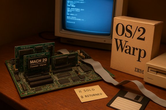 OS/2 Warp box beside a MACH 20 processor upgrade board and a floppy disk.