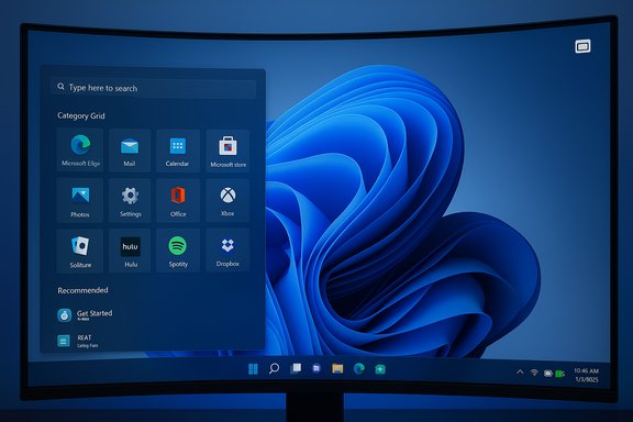 Curved monitor shows Windows 11 desktop with app grid and search panel.