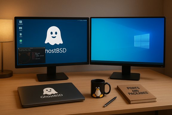 Dual-monitor desk setup: GhostBSD on the left, Windows on the right, with a GhostBSD laptop.
