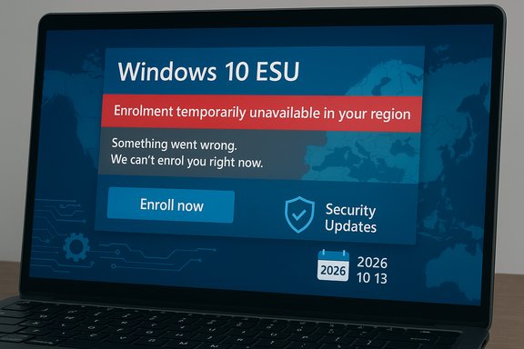 Laptop displaying a Windows 10 ESU enrollment error with an “Enroll now” button.