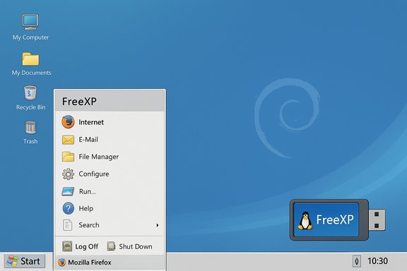 Windows XP-style desktop with a FreeXP start menu and a USB drive labeled FreeXP.