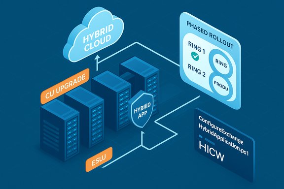 Hybrid cloud infrastructure illustration with servers, upgrades, and phased rollout.