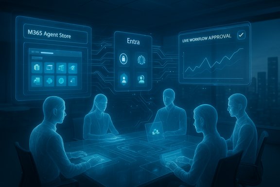 Futuristic holographic dashboards hover above a team meeting in a high-tech conference room.