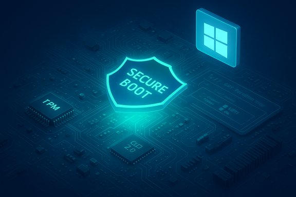 A glowing shield labeled 'Secure Boot' sits on a motherboard near a Windows tile.