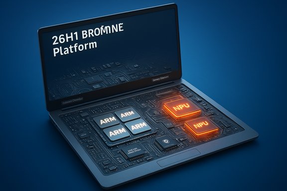 Laptop displays 26H1 Bromne Platform with glowing NPU chips and ARM blocks.