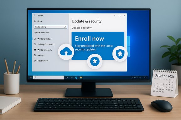 Desktop monitor shows Windows Update & Security with an “Enroll now” banner.