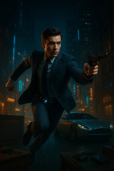 A suited man leaps through a neon-lit city at night, pistol drawn.
