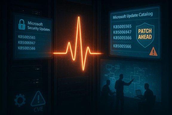 In a dark data center, blue screens show Microsoft security updates and patch catalog as an orange heartbeat glows.