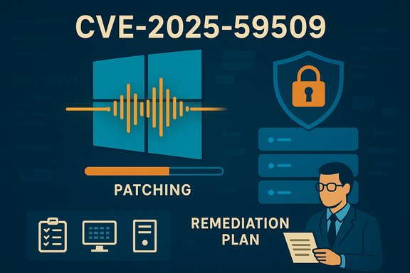 CVE-2025-59509 patching and remediation plan shown with waveform, progress bar, and IT professional.